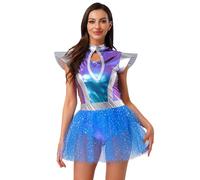 Eandarui Alien - Costume da donna con glitter metallizzati, con maniche a mosca, per carnevale, astronauta, colore: blu a XXL