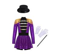 Eandarui Circo Acrobatico Costume Bambini Ragazze Direttore Abito Manica Lunga Danza Paillettes Body Frange Nappe Maglia Con Cappello Guanti Bacchetta Vestito Viola 146-152