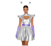 Eandarui Costume da alieno da donna, con glitter metallizzati, per lo spazio, a linee, abito da festa Holo a maniche volanti, abito spacegirl con guanti, fascia per la stanza di carnevale, colore