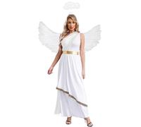Eandarui Costume da angelo da donna, elegante, bianco, nero, con alone, piume, per carnevale, cosplay, colore bianco C, M
