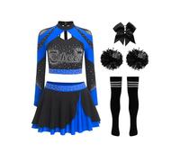 Eandarui Costume da donna Cheer Leader, a maniche lunghe, da ballo, con strass, con glitter, con fiocco, con pompon, calze da ballo, blu reale, B XXL