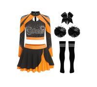 Eandarui Costume da donna Cheer Leader, a maniche lunghe, da ballo, con strass, con glitter, con fiocco, per la concorrenza, per la danza, arancione, B XXL