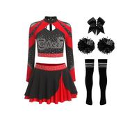 Eandarui Costume da donna Cheer Leader, a maniche lunghe, da ballo, con strass, con glitter, gonna avvolgente, con pompon, calze da concorrenza, abbigliamento da ballo, rosso, B L