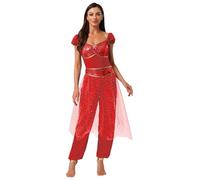 Eandarui Costume da principessa araba, da donna, ballerino, vestito con paillette, con volant, in tulle, a vita alta, pantaloni da dancewear rosso, XXL