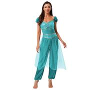 Eandarui Costume da principessa araba, da donna, ballerino, vestito con paillettes, tuta da danza con volant, in tulle, a vita alta, pantaloni da dancewear turchese, XL