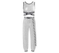 Eandarui Hip Hop, set di vestiti da bambina per bambini, jazz, danza con paillette, reggiseno glitterato, pantaloni da danza, per carnevale, argento, 146-152