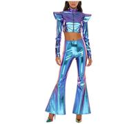 Eandarui Vestito da donna anni '80, metallizzato, a maniche lunghe, olografica, con brillantini, giacca corta, a vita alta, pantaloni da ballo, costume di carnevale, blu, L
