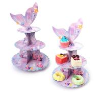 EAPMGQR 2 alzate per torte a forma di sirena, in cartone, a 3 ripiani, per cupcake e dessert, torre rotonda in cartone, per tè pomeridiano, feste di compleanno, baby shower