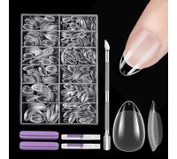EARLMONI Set di punte extra corte per unghie a mandorla, 432 pezzi, copertura completa, in morbido gel artificiale, con colla, spingi cuticole, 12 misure, prelucidate, corte a mandorla, set per donne