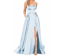 Earnmore Abito da Ballo in Raso da Donna, Lungo, Elegante, con Allacciatura al Collo, Linea ad A, Incrocio sulla Schiena, Spalline Sottili, Abito da Sera o Matrimonio, con Tasche, Blu, 32