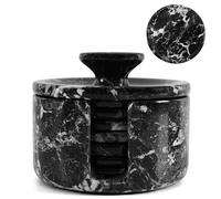 EARTHEN CRAFTS Set di 6 sottobicchieri in marmo, rotondi da 8,9 cm, neri, realizzati a mano in pietra naturale, con supporto e coperchio, ideali per decorare il tuo tavolino da caffè