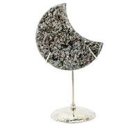 Earthy Green Moss Agate Moon on Stand, Alloy Sphere Display Holder, Moon Shaped Small Crystal Display Stand for Home Office Desk Decoration
