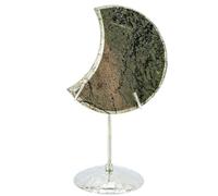 Earthy Green Moss Agate Moon on Stand, Alloy Sphere Display Holder, Moon Shaped Small Crystal Display Stand for Home Office Desk Decoration