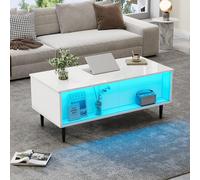 Easexcy 105 x 50 x 43 cm, tavolino da caffè regolabile in altezza, con spazio nascosto, tavolo da soggiorno con luce LED, bianco con 4 gambe