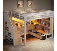 Easexcy 140 x 200 cm, letto a soppalco in metallo con scrivania e scaffali, letto in ferro, due cassetti integrati, scale con spazio di archiviazione, senza materasso (bianco)