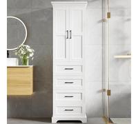 Easexcy Armadietto da bagno, 57 x 38 x 180 cm, materiale MDF, tre cassetti, un armadio, tre ripiani, ripiani regolabili, maniglie nere, bianco
