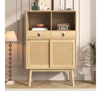 Easexcy Credenza 80 x 39,5 x 120 cm, ante con vera rete di rattan, due cassetti, due scomparti aperti, gamba del tavolo alta 28 cm
