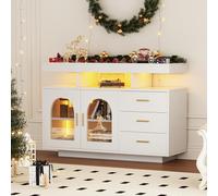 Easexcy Credenza a buffet, 120 cm, mobile da caffè, cassettiera, credenza soggiorno, armadio da cucina lucido, luci per la sala da pranzo (bianco)