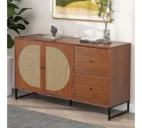 Easexcy Credenza con 3 ante decorate in rattan, comò con maniglie in metallo, per camera da letto, soggiorno, ufficio, 129,8 x 40 x 76 cm (2 cassetti)