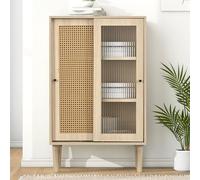 Easexcy Credenza in legno alta 100 cm con ante a doghe in plastica e ante scorrevoli in vetro, con 6 scomparti dietro le ante (6 scomparti)
