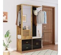 Easexcy Elegante set appendiabiti in colori legno con specchio, scarpiera, scarpiera con gancio e asta appendiabiti allungabile, 100 x 38 x 180 cm (nero e legno)