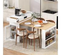 Easexcy Isola da cucina con ruote, tavolo da pranzo estensibile con prese e ganci, tavolo da bar e credenza, bianco