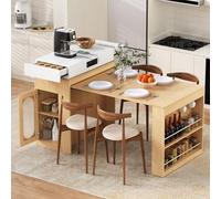 Easexcy Isola da cucina con ruote, tavolo da pranzo estensibile con prese e ganci, tavolo da bar e credenza, colore naturale