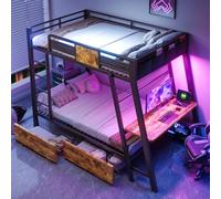 Easexcy Letto a castello da gioco con scrivania, illuminazione LED RGB, due scatole portaoggetti, ringhiera di sicurezza elevata e robusto telaio in metallo, 90 x 200 cm (nero)