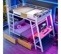 Easexcy Letto a castello da gioco con scrivania, illuminazione LED RGB, due scatole portaoggetti, ringhiera di sicurezza elevata e robusto telaio in metallo, 90 x 200 cm (bianco)