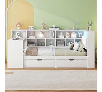 Easexcy Letto a forma di L in legno, 90 x 200 cm, con scrivania e libreria, con testiera imbottita, cassetti sotto il letto, bianco