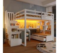 Easexcy Letto a soppalco con scrivania e ripiani, due cassetti integrati, scala di archiviazione, bianco, senza materasso (140 x 200 cm)