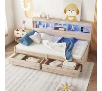 Easexcy Letto diurno, 90 x 200 cm, divano letto, comodino, letto con 2 prese USB e 2 prese di ricarica, illuminazione ambientale, due cassetti, senza materasso (naturale, con cassetti, 90 x 200 cm