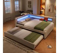 Easexcy Letto giornaliero, divano letto, 140 x 200 cm, letto con striscia luminosa a LED all'estremità del letto, letto con letto estraibile senza materasso, USB + Type-C, lino (beige, con letto