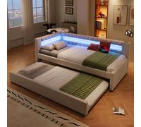 Easexcy Letto giornaliero, divano letto, 90 x 200 cm, letto con striscia luminosa a LED all'estremità del letto, letto con letto estraibile senza materasso, USB + TypeC, lino (beige, con letto