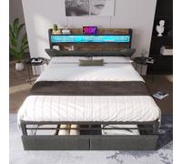 Easexcy Letto imbottito con illuminazione a LED e cassetti, letto matrimoniale, 140 x 200 cm, con rete a doghe in metallo, grigio (senza materasso)