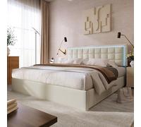 Easexcy Letto imbottito con rete a doghe e spazio per letto matrimoniale, con striscia di illuminazione a LED, 160 x 200 cm, letto funzionale in ecopelle