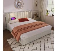 Easexcy Letto imbottito doppio, testiera, in materiale di lino, 160 x 200 cm, con rete a doghe, naturale (senza materasso)