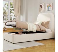 Easexcy Letto imbottito, letto singolo, 90 x 200 cm, letto funzionale idraulico, letto con rete a doghe, testiera e ampio spazio di archiviazione, testiera imbottita (velluto + beige)