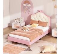 Easexcy Letto imbottito, letto singolo, a forma di onda con punto di trazione all'estremità della testiera del letto, con strisce LED variabili multicolori, PU, telaio letto rosa, 90 x 200 cm