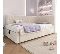 Easexcy Letto imbottito per il giorno, 90 x 200 cm, con vano idraulico, letto per bambini, con rete a doghe in legno, velluto, senza materasso (beige)