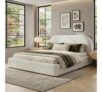 Easexcy Letto matrimoniale imbottito, 160 x 200 cm, letto funzionale idraulico, letto con rete a doghe, testiera e grande capienza, testiera imbottita, beige bouclé (160 x 200 cm, beige + boucle)