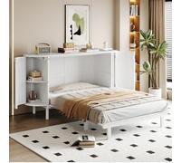 Easexcy Letto per armadio 140 x 200 cm, letto da parete con rete a doghe, letto pieghevole da parete, letto verticale con rete a doghe, con vani portaoggetti, design rattan, letto in legno (bianco)