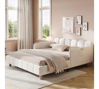 Easexcy Lit capitonné, letto matrimoniale, 140 x 190 cm, Avec tête de lit capitonnée et barrière de sécurité, Pieds en Bois massif(Beige+Velvet, 140 x 190 cm)