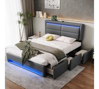 Easexcy Lit rembourré 140 x 190 cm, idraulica, Avec Port USB (supporte le chargement sans fil et filaire), Avec éclairage LED et 3 tiroirs de Rangement, PU Design Litchi (grigio, 140 x 190 cm
