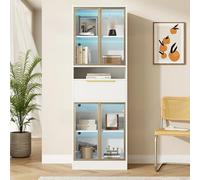 Easexcy Mobile alto bianco con LED a 16 colori, 60 × 35 × 180 cm, vetrina con vetro frontale e cassetto, spazio di archiviazione e illuminazione per soggiorno, MDF e vetro di sicurezza