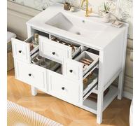 Easexcy Mobile sottolavabo bianco con lavabo in ceramica, 76 cm, autoportante, con 5 cassetti e ripiano aperto, per bagno di casa e WC degli ospiti