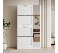 Easexcy Scarpiera moderna con specchio, colore bianco, 80 x 147 x 24 cm, ideale per il corridoio, 4 scomparti pieghevoli, ripiano regolabile dietro lo specchio destro