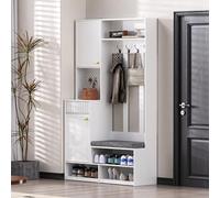Easexcy Set completo appendiabiti da corridoio con panchina, 4 ganci, ante e cassetti, dimensioni compatte 100 x 180 x 35 cm (larghezza x altezza x profondità) (bianco (stile 1))