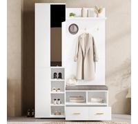 Easexcy Set di appendiabiti da parete, con specchio, asta appendiabiti, panca con scaffale traforato, 3 ganci, 2 cassetti e ripiano, 120 x 35 x 190 cm