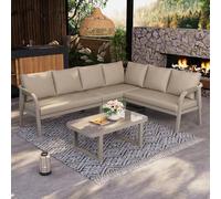 Easexcy Set di mobili da giardino angolari, può ospitare fino a 6 persone, braccioli e schienali intrecciati, con divano ad angolo e tavolino (beige, modello 1)